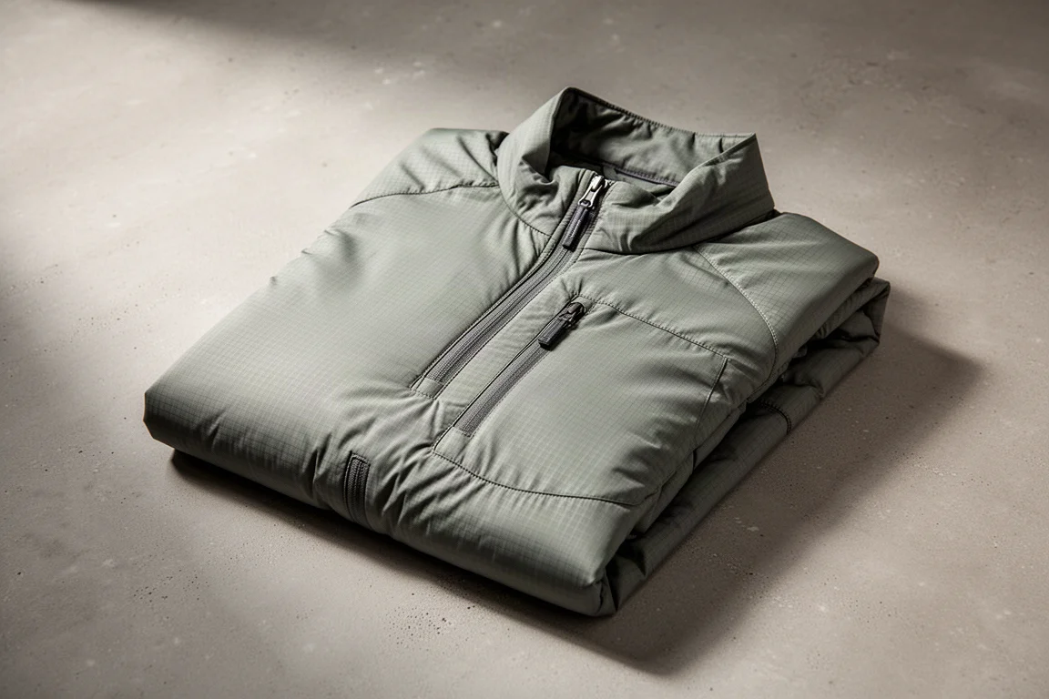 Lightweight grey-green synthetic insulated zip-neck pullover folded on a concrete surface