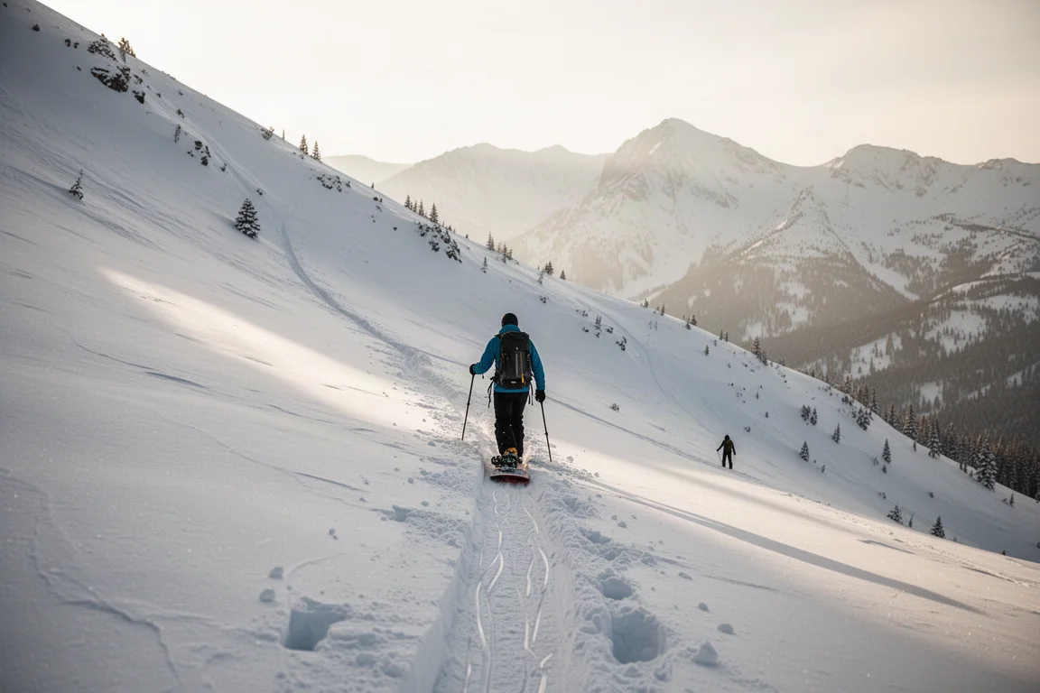 Splitboarder podchodzący stromą śnieżną trasę w terenie poza trasami w porannym świetle