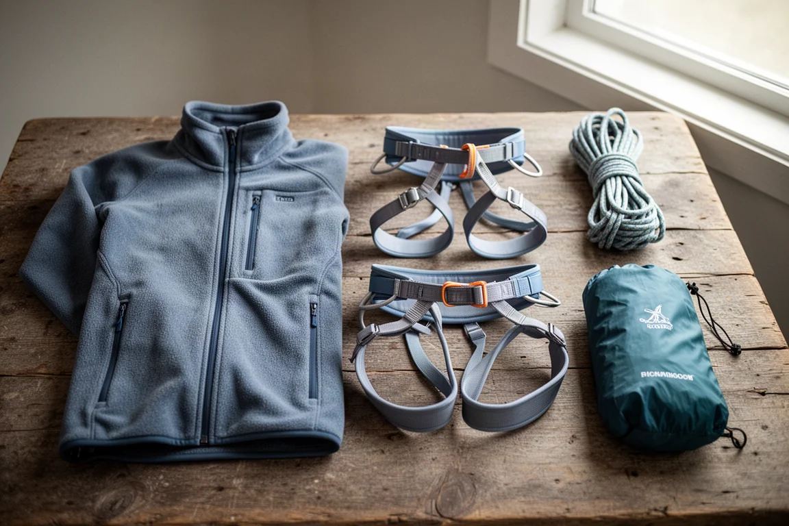 Vue à plat d'une polaire midlayer, d'un baudrier d'escalade, d'une corde enroulée et d'une couche coupe-vent sur du bois patiné