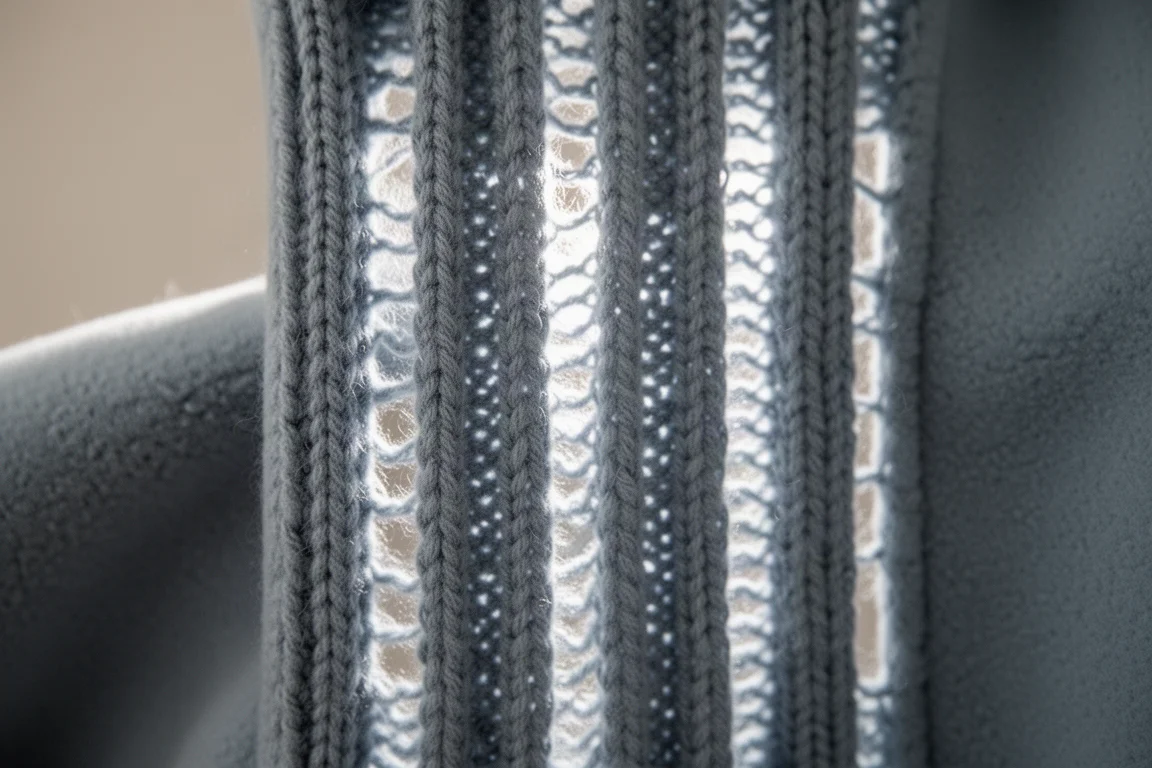 Vue macro d'une maille tricotée cannelée de polaire rétroéclairée par une lumière douce