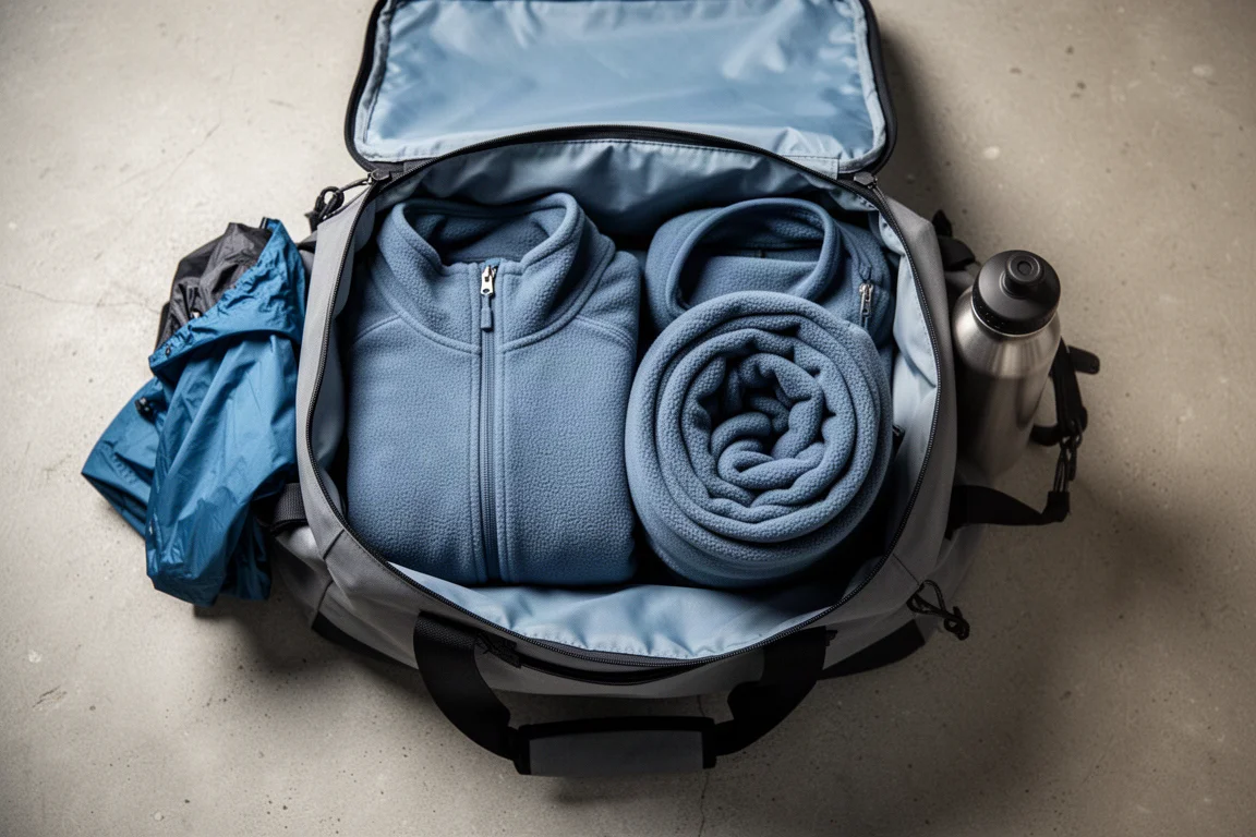 Deux polaires midlayer rangées dans un sac de voyage ouvert posé sur un sol en béton