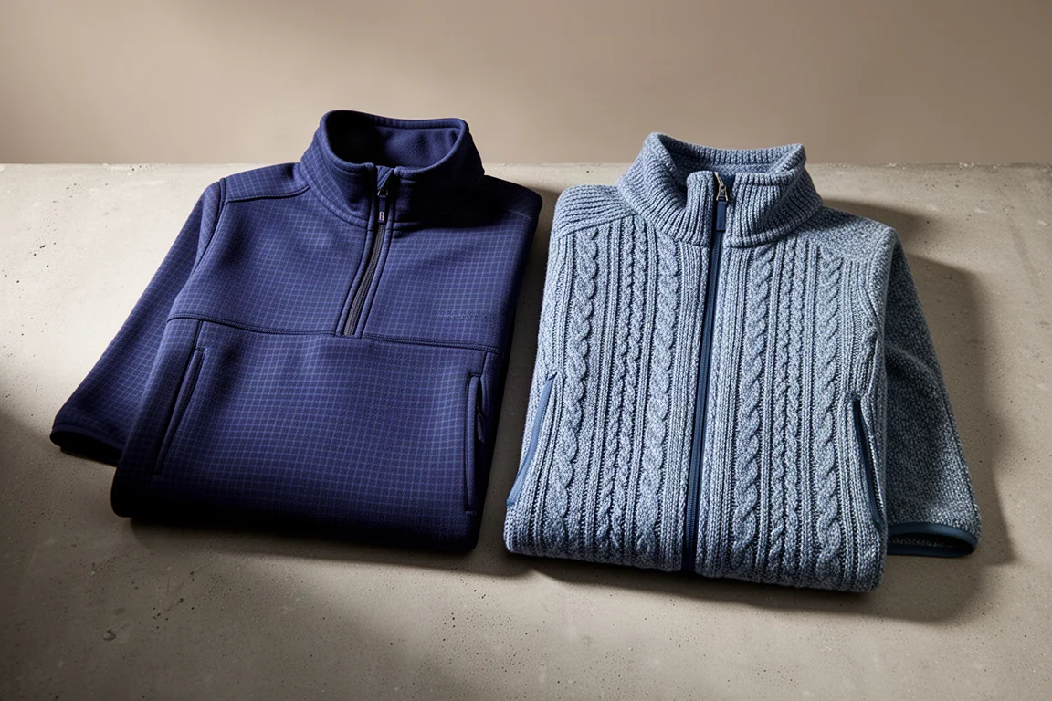 Two Patagonia fleece midlayers side by side on a concrete surface