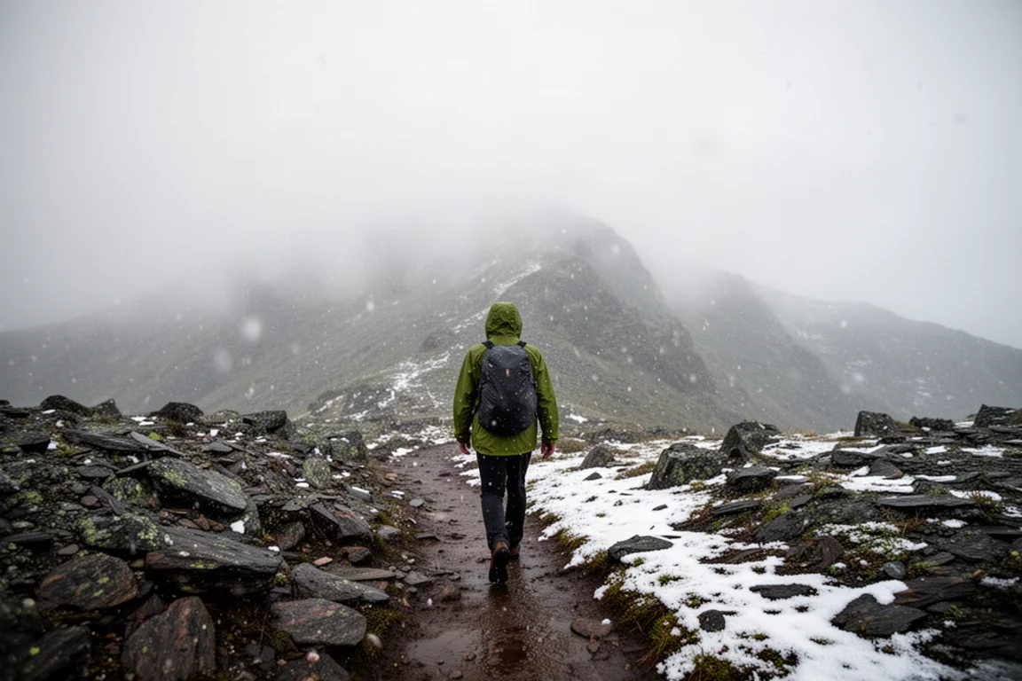 Hiker in a hooded shell on a rocky mountain trail as rain turns to snow