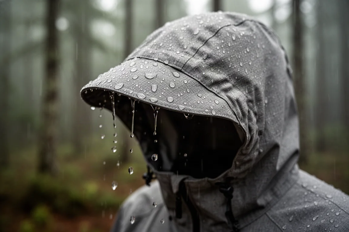 Close-up of a stiff hood brim shedding rain off a woven jacket surface