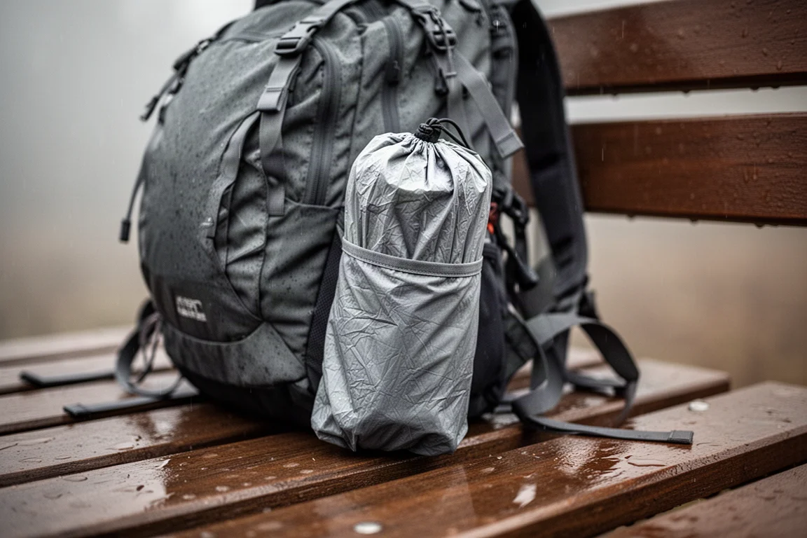 Thin lightweight rain jacket folded into a hiking backpack side pocket