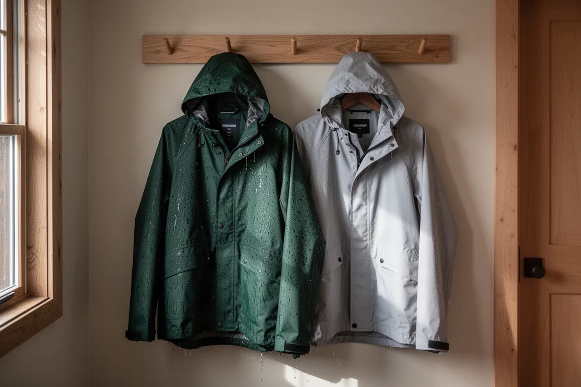 Two damp rain jackets hanging side by side on a wooden rack indoors
