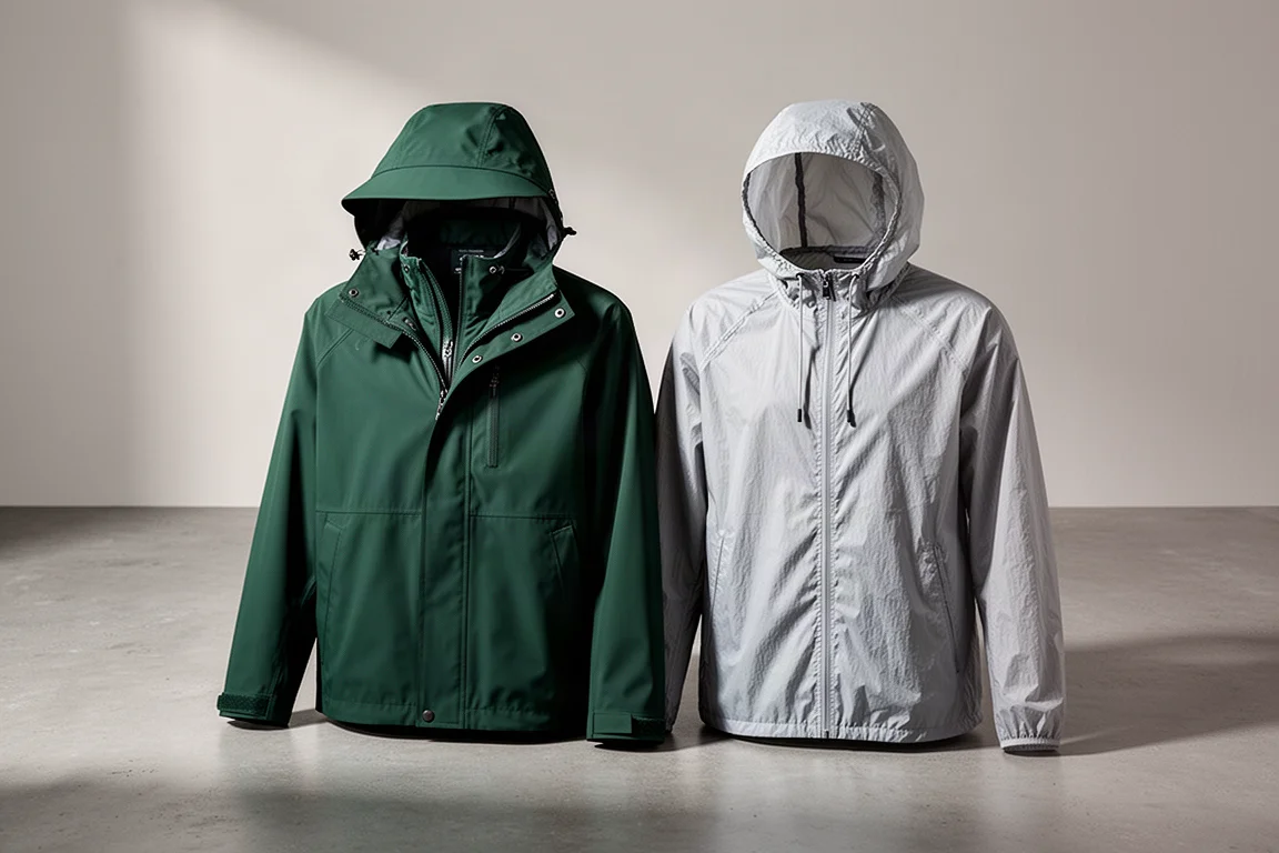 Two hooded rain jackets side by side on a concrete surface, one green and one pale grey