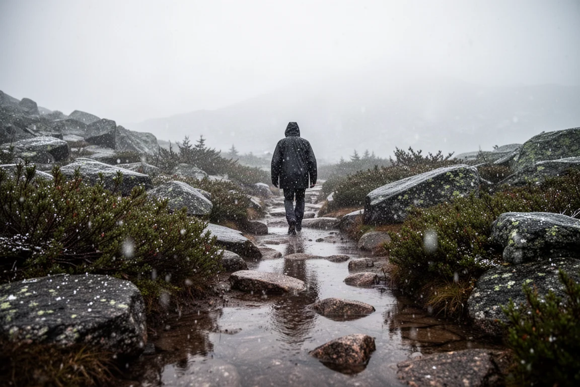 Blöt alpstig i kallt regn och snö med en avlägsen vandrare i ett regnskal