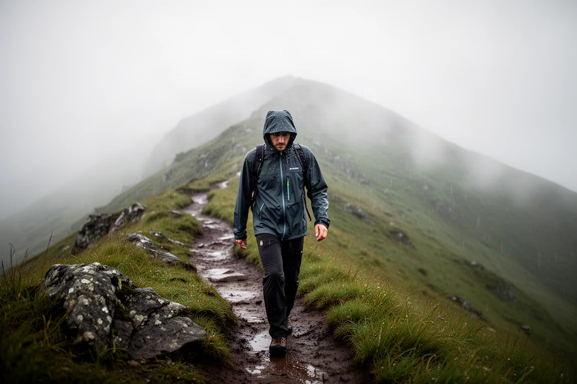 Wandelaar in een capuchonjack op een nat bergpad in aanhoudende regen