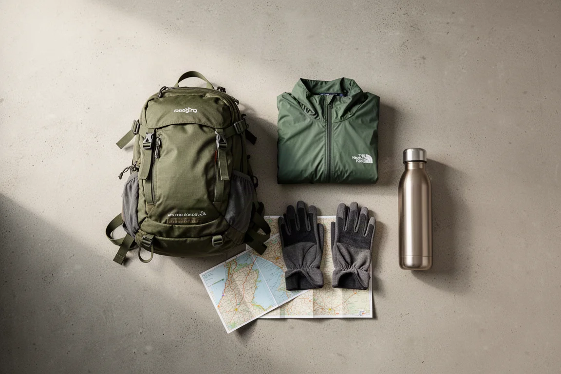Flat lay van een wandelrugzak met een opgevouwen regenjack en trailuitrusting op beton