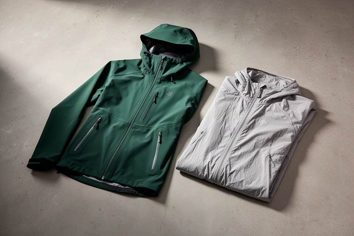 Two hiking rain jackets, a structured green shell and a thin grey lightweight jacket, on concrete