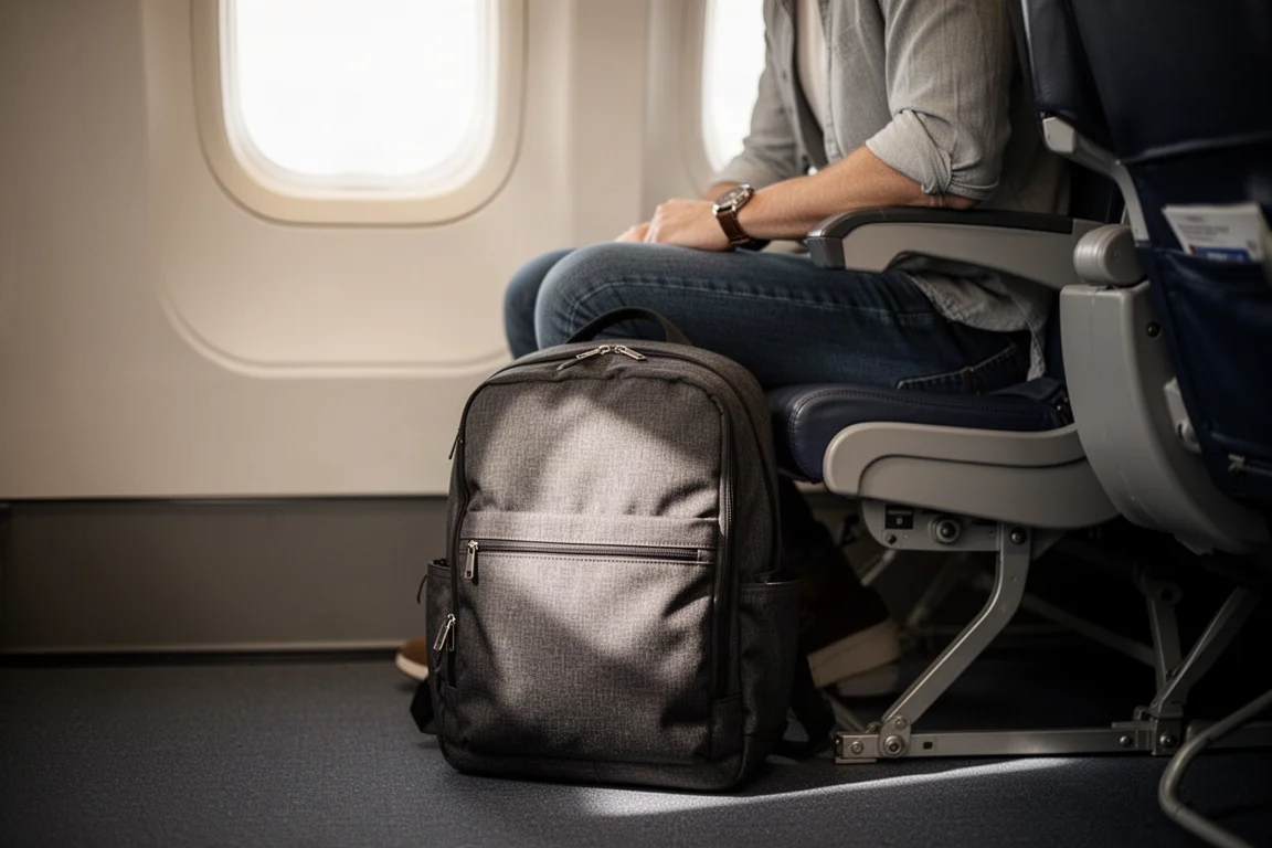 Viaggiatore con uno zaino compatto su un aereo con luce soffusa dalla finestra