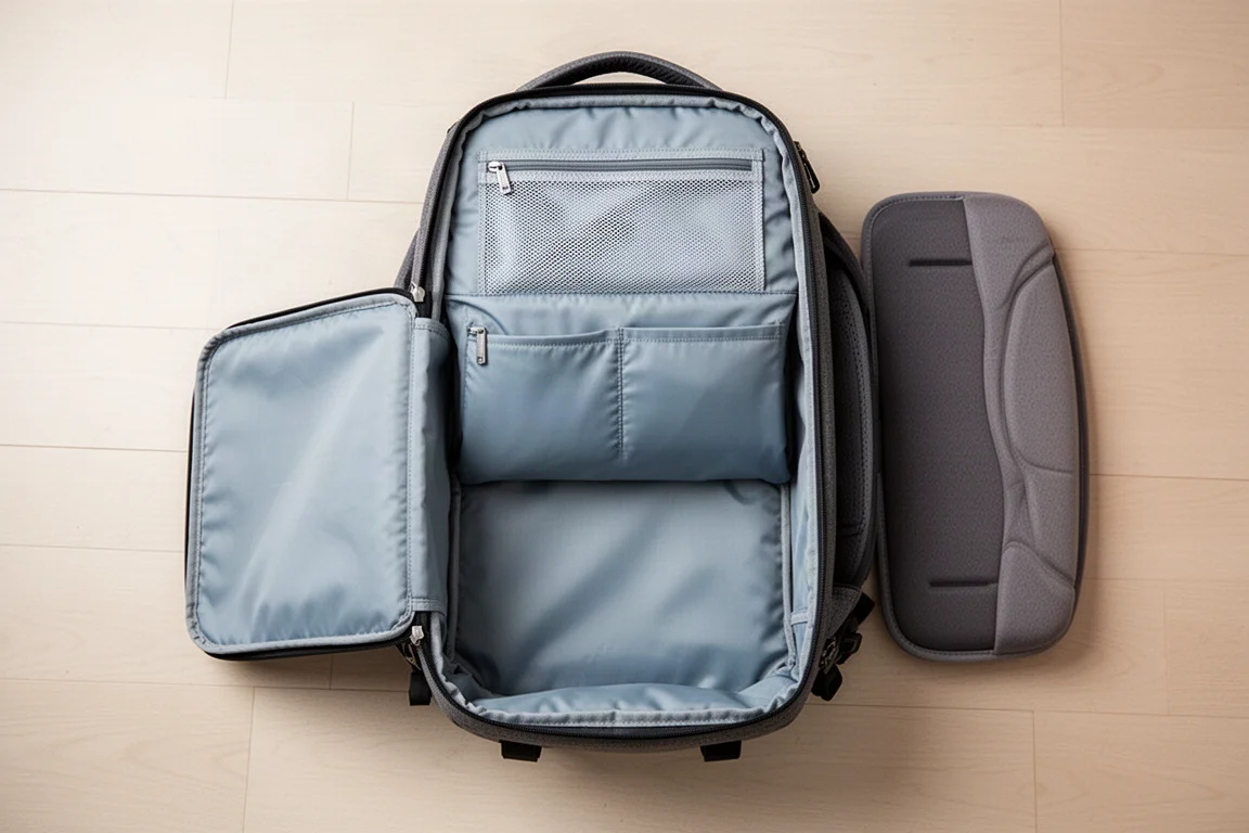 Interno dello zaino aperto in piano che mostra il scomparto principale e le tasche del coperchio