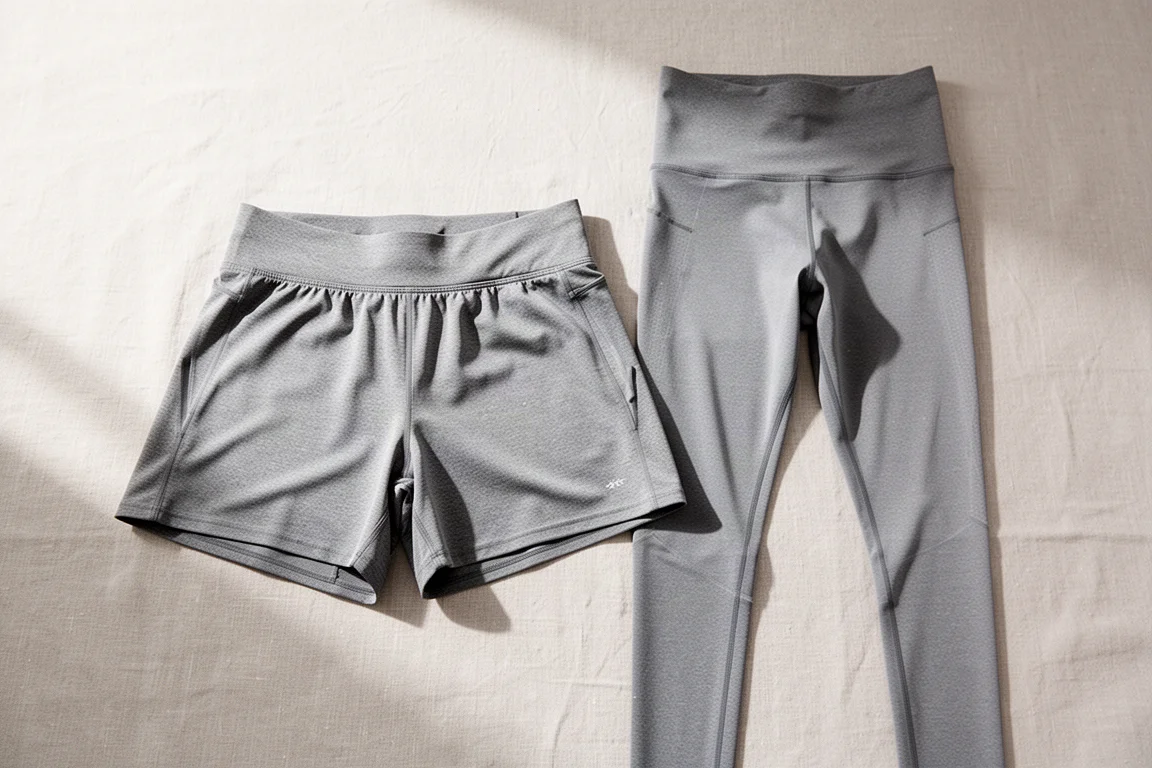 Par mjuka grå löparbaslager-shorts liggande på en ljus yta