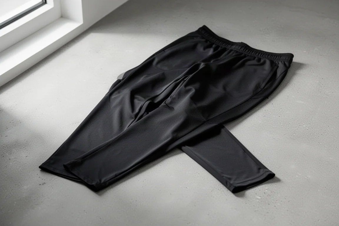 Pantaloni da running neri a sigaretta piegati su una superficie di cemento grigio chiaro
