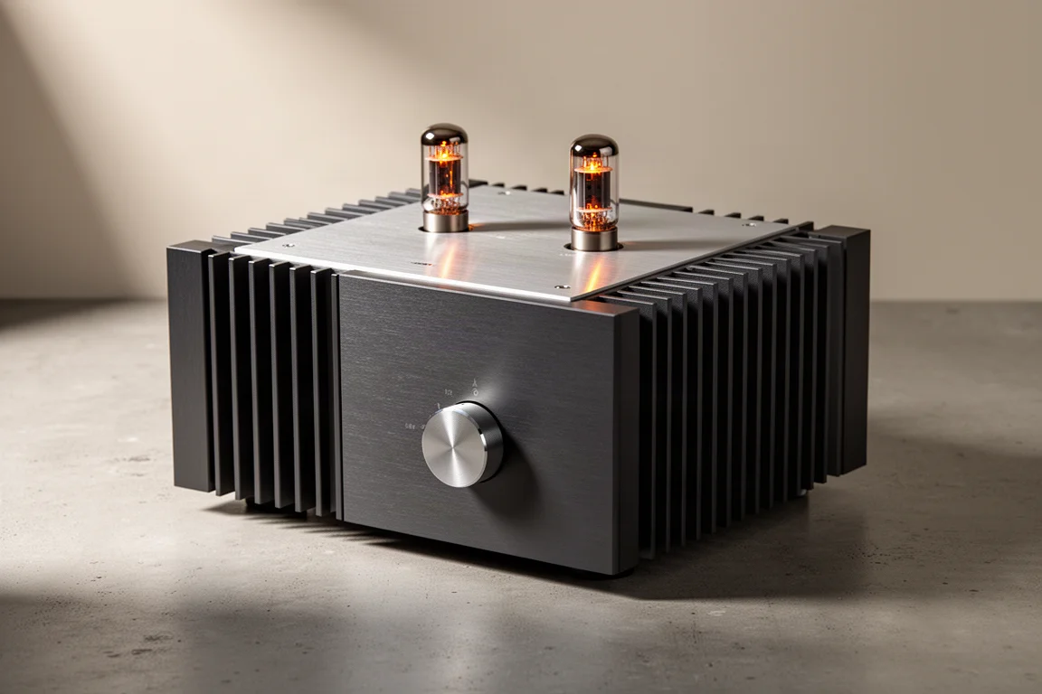 Compact class A integrated amplifier with side heat sinks and two vacuum tubes on top