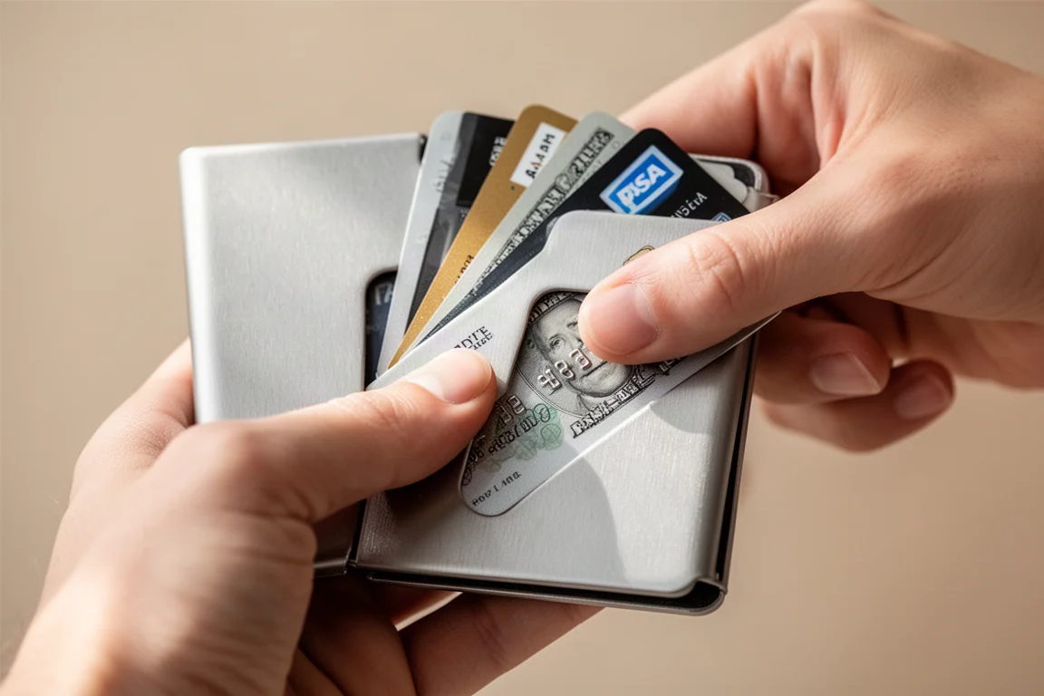Des cartes glissées hors de la découpe pour le pouce d'un portefeuille métallique