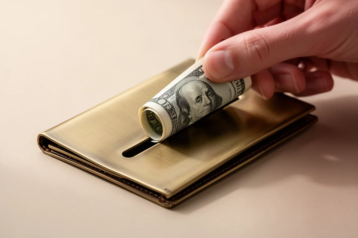 Un billet plié inséré dans le compartiment à billets d'un portefeuille métallique