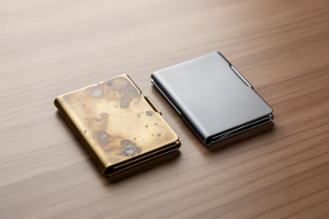 Variantes laiton et titane du portefeuille côte à côte sur un bureau