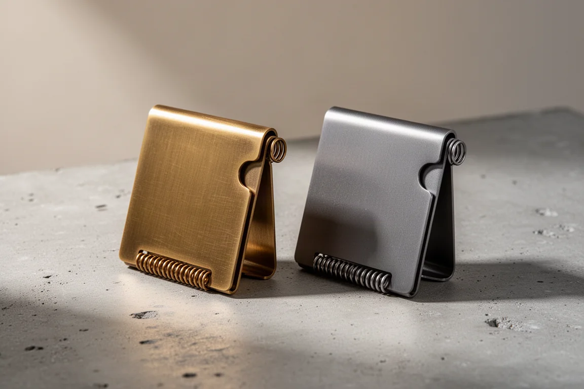 Brass and titanium Patina Wallets side by side on a concrete surface