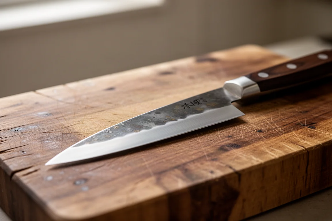 Primo piano di un dorso di coltello spesso appoggiato su un tagliere di legno