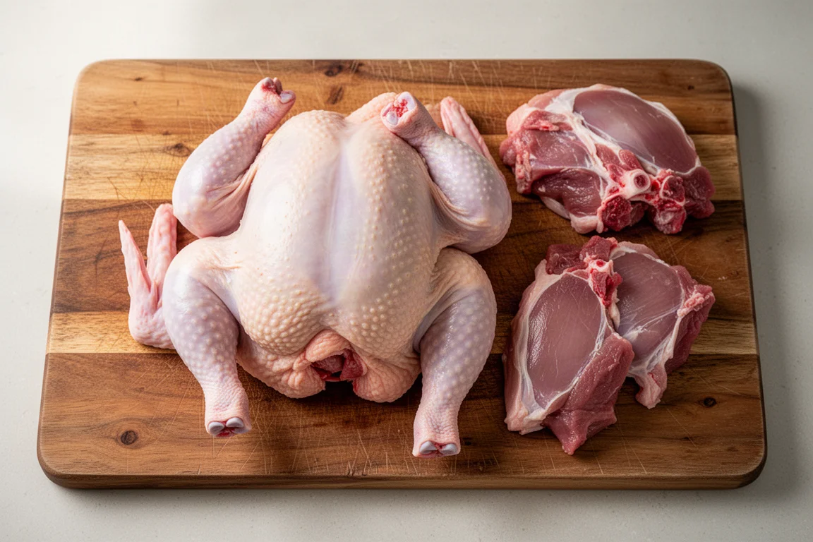 Un pollo intero crudo being porzionato su un tagliere