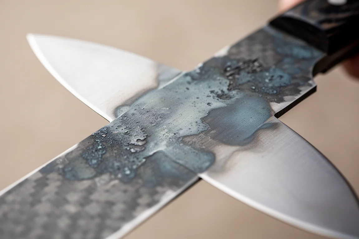 Lama del coltello con patina blu-grigia che si sviluppa sull'acciaio al carbonio