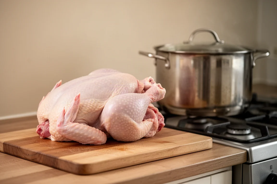 Ritaglio di un pollo disossato su un piano di cucina in luce calda