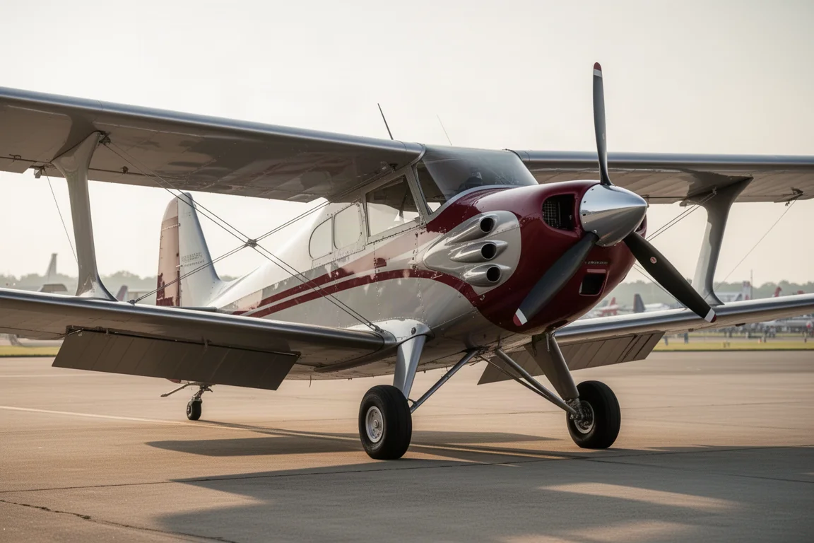 High-wing taildragger light aircraft parked on a sunlit airshow ramp