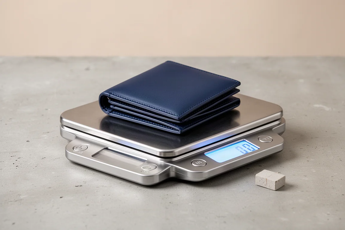 Portefeuille posé sur une balance digitale pesant quelques grammes