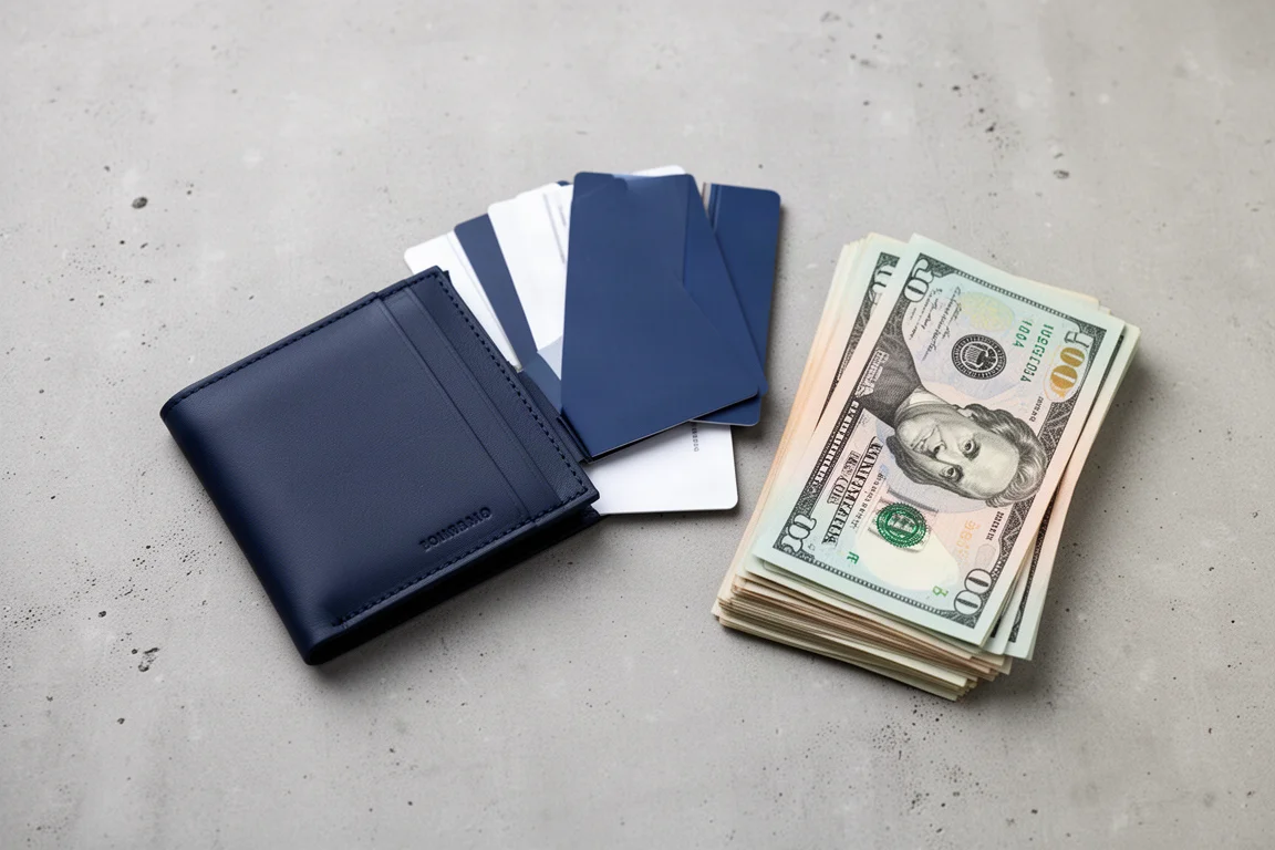 Cartes à plat et billets pliés insérés dans un portefeuille en cuir