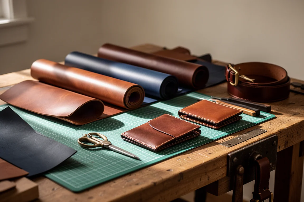 Rangées d'articles en cuir et d'accessoires dans un petit atelier