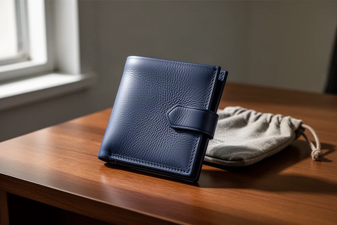 Portafoglio in pelle pieno fiore blu senza cuciture su una scrivania in legno spazzolato accanto a una pochette in tessuto
