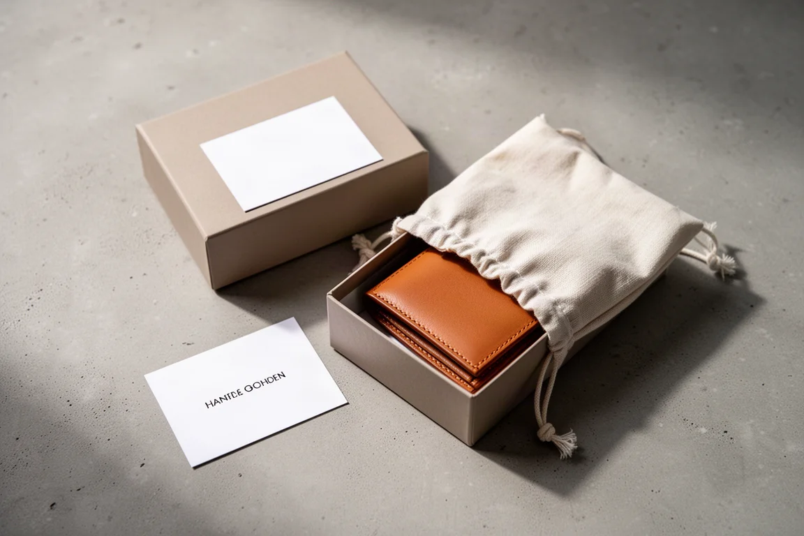 Portafoglio in pelle color cognac appoggiato in una scatola regalo aperta con sacchetto antipolvere in tessuto e scheda informativa