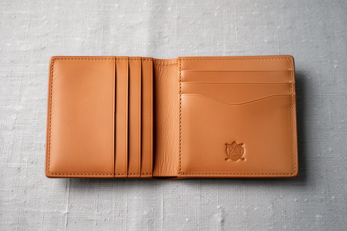 Portafoglio in pelle aperto con tasche porta carte interne e timbro del marchio interno