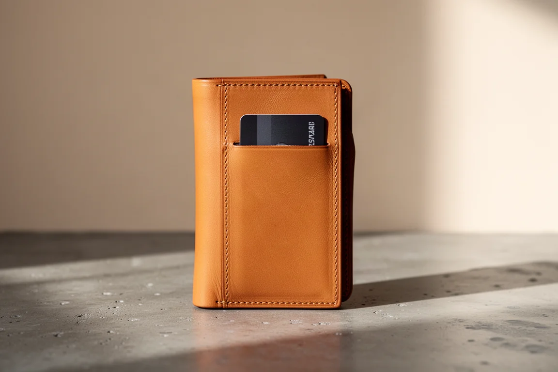 Portafoglio sottile tenuto in mano che mostra la fessura porta carte a rapido accesso sul retro
