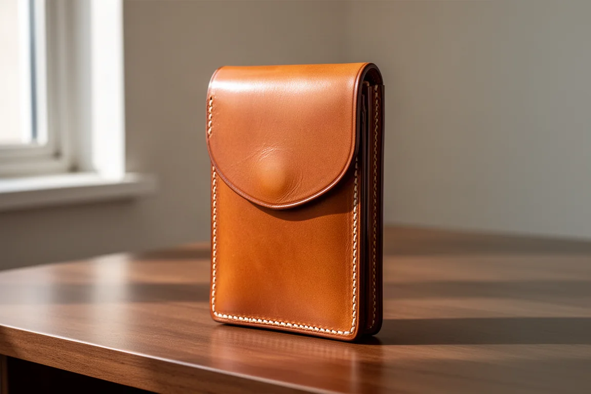 Tan full-grain leather wrap wallet with flap closure on a brushed wood desk
