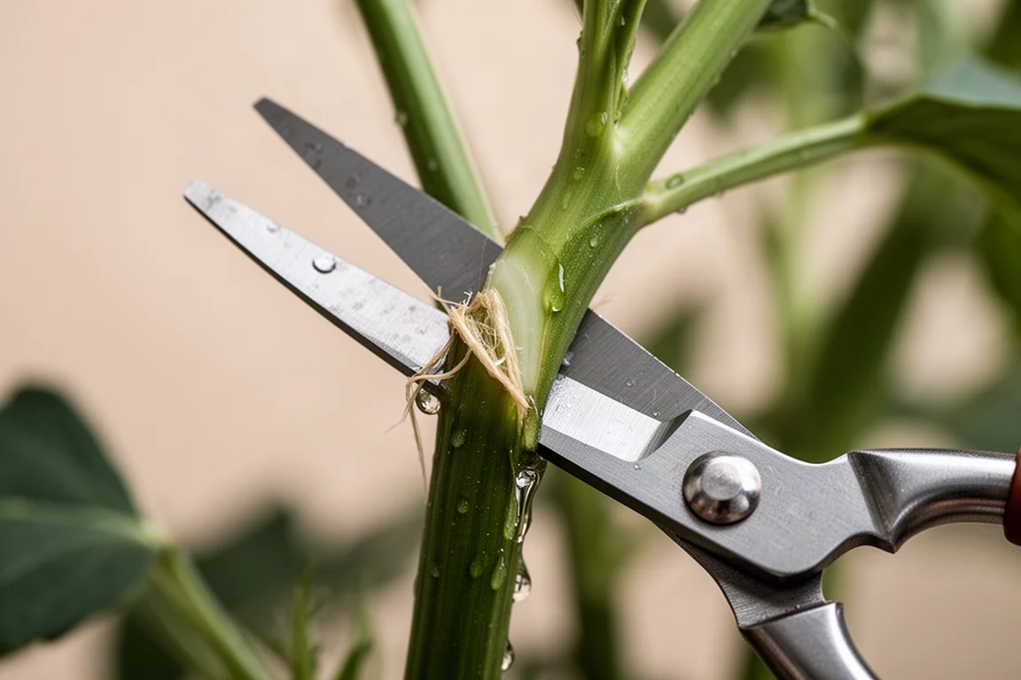 Gros plan sur de robustes ciseaux droits coupant une tige de plante verte