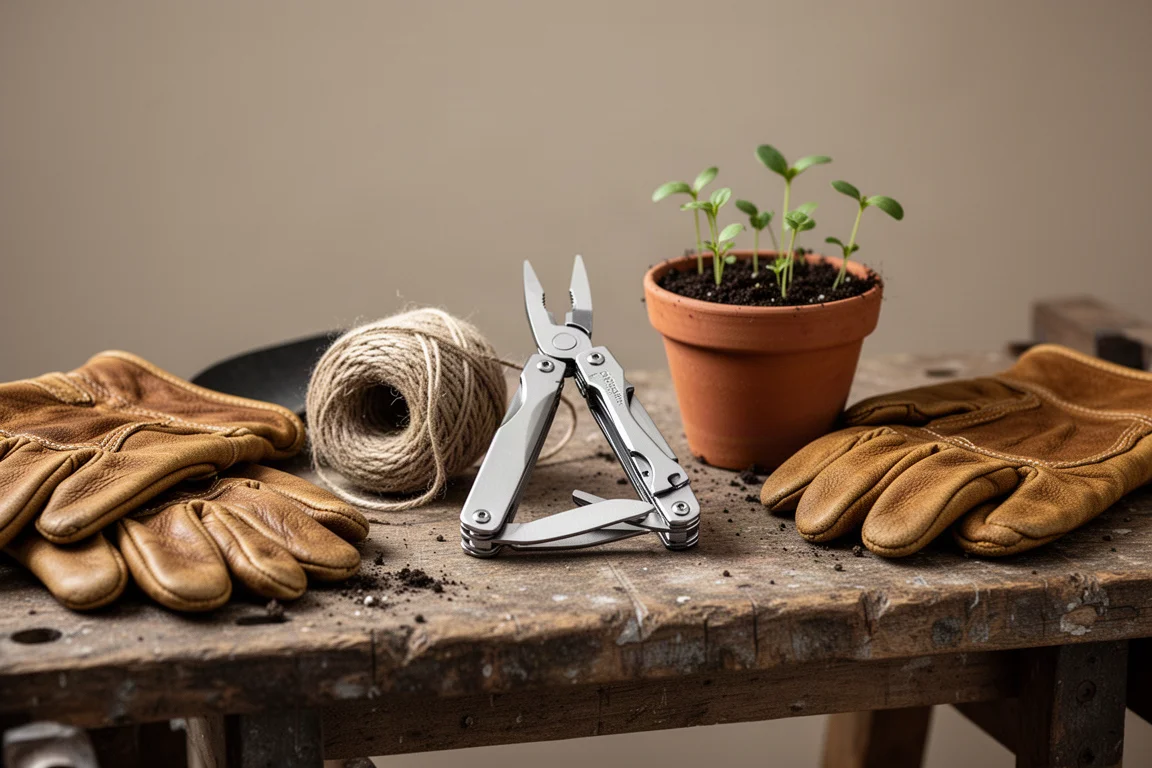 Kit de jardinage étalé sur un établi avec gants, ficelle et multi-outil plié