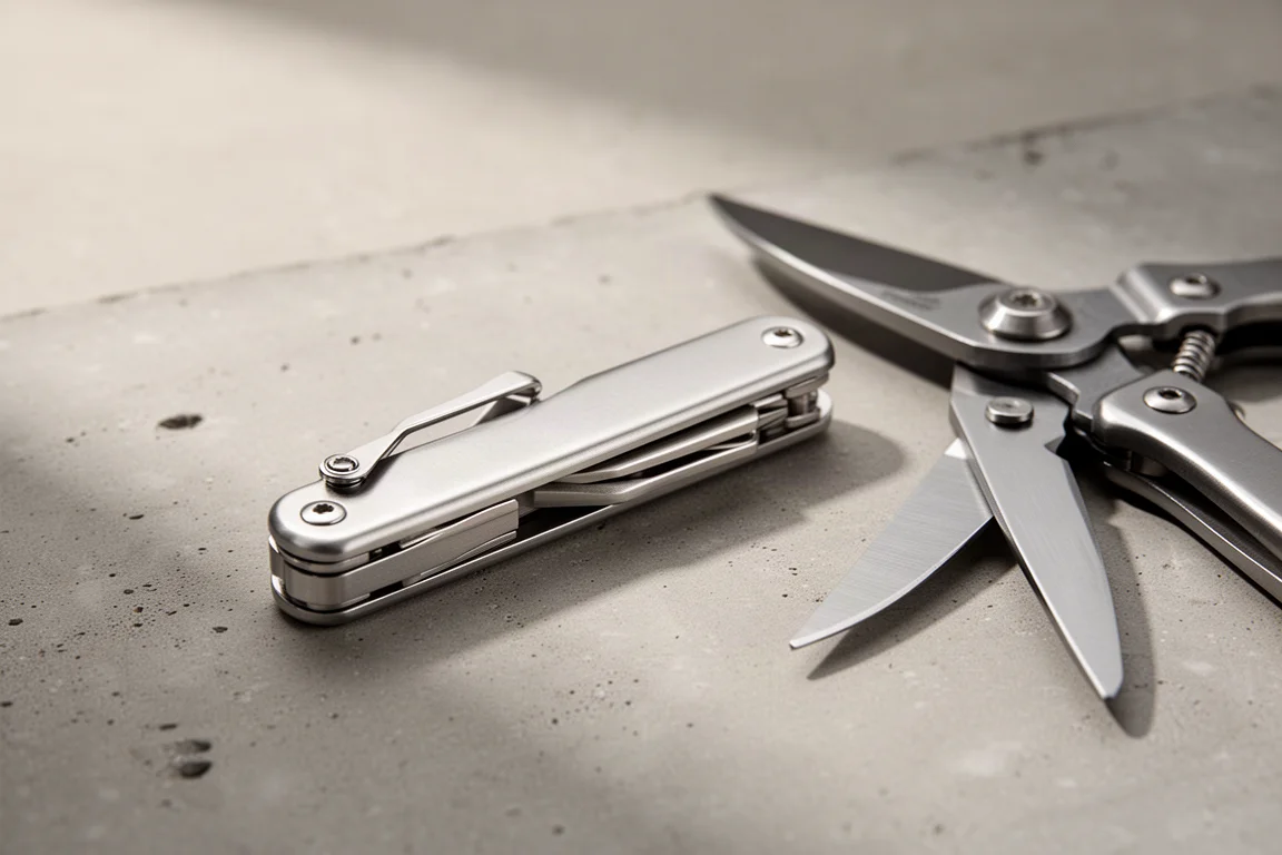Folding stainless steel multi-tool with pocket clip on matte concrete surface