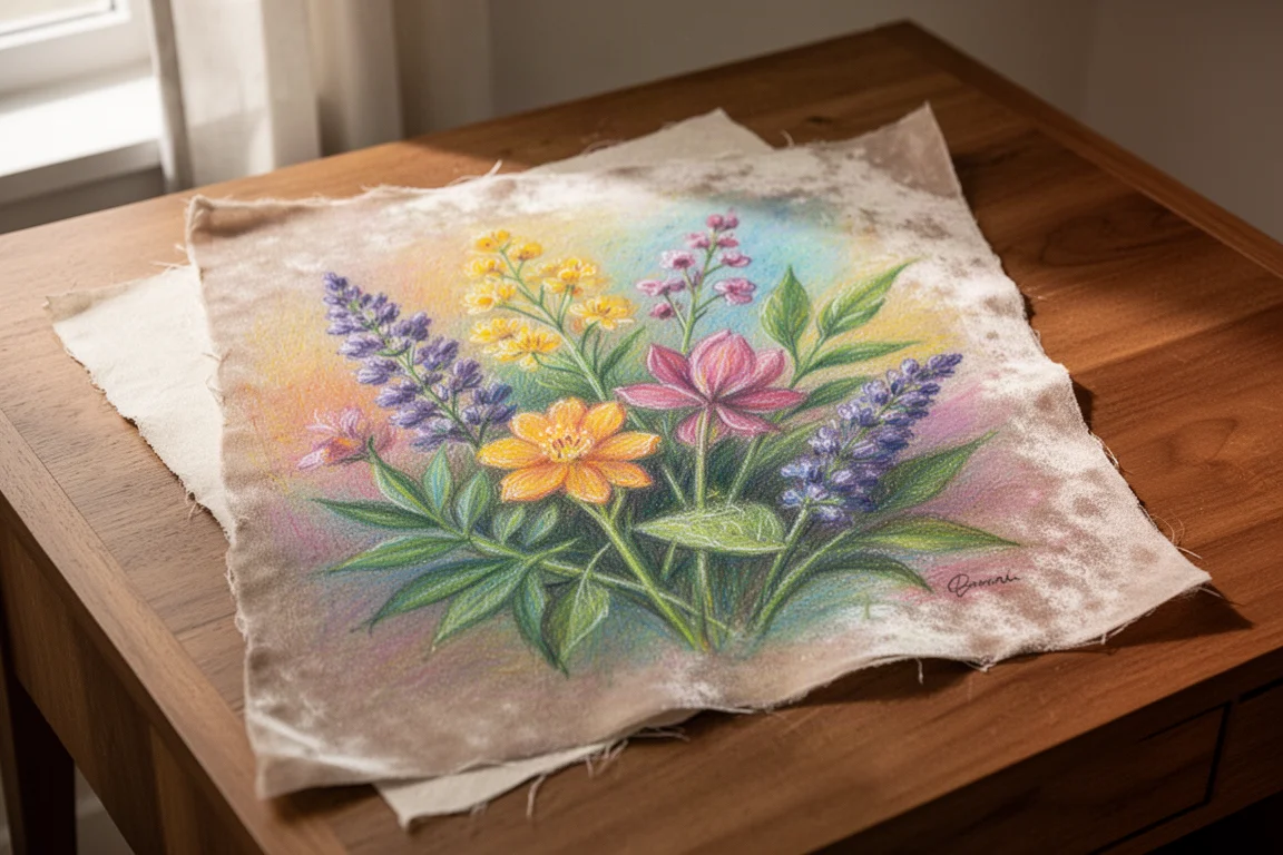 在天鵝絨紋理畫紙上完成的彩色植物題材粉彩作品