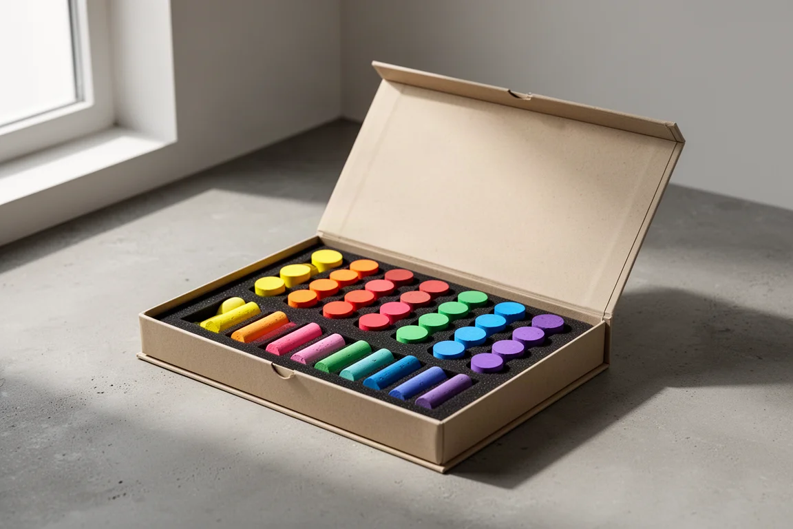 Open box of colorful round soft pastel sticks in a foam-lined tray