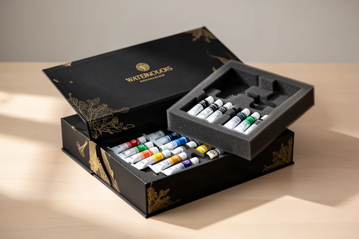 Rows of 5ml watercolor tubes lifted from a black and gold gift box