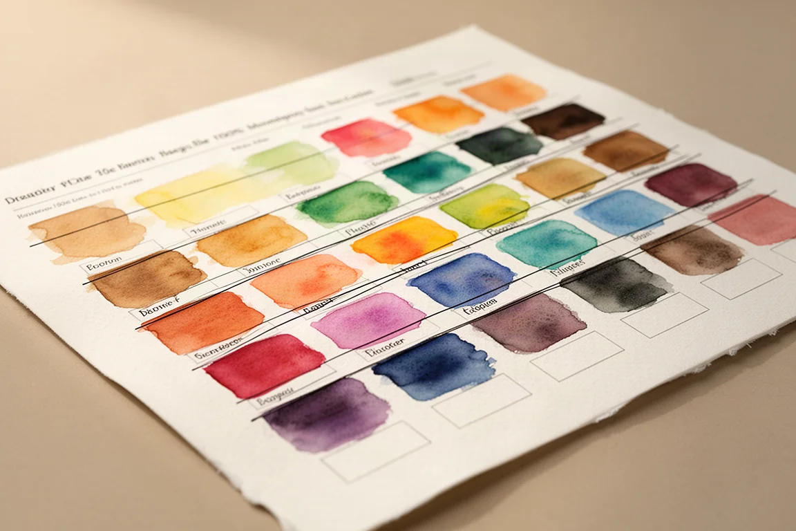 Hand-painted watercolor swatch sheet with vivid color washes over black test lines