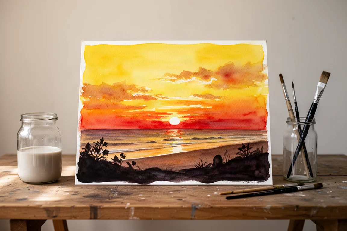 Vibrant sunset beach scene watercolor painting with silhouette details