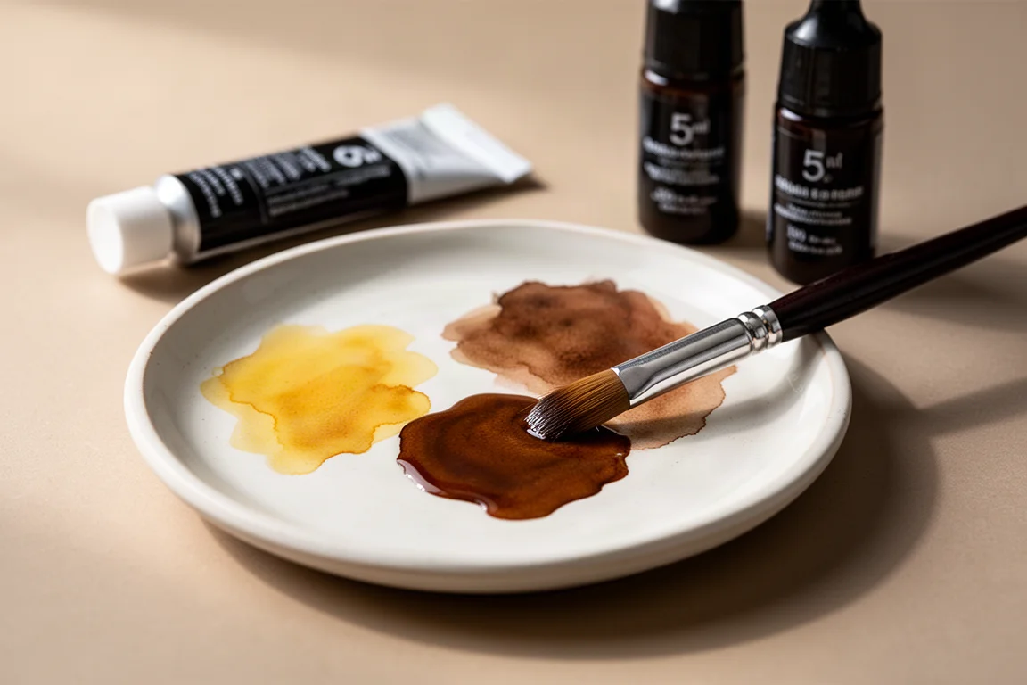 Watercolor tubes and a brush mixing pigments on a studio palette