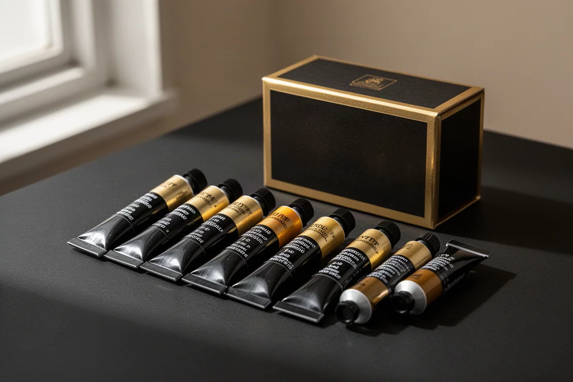 Paul Rubens watercolor tube set arranged on a black surface with gold box behind