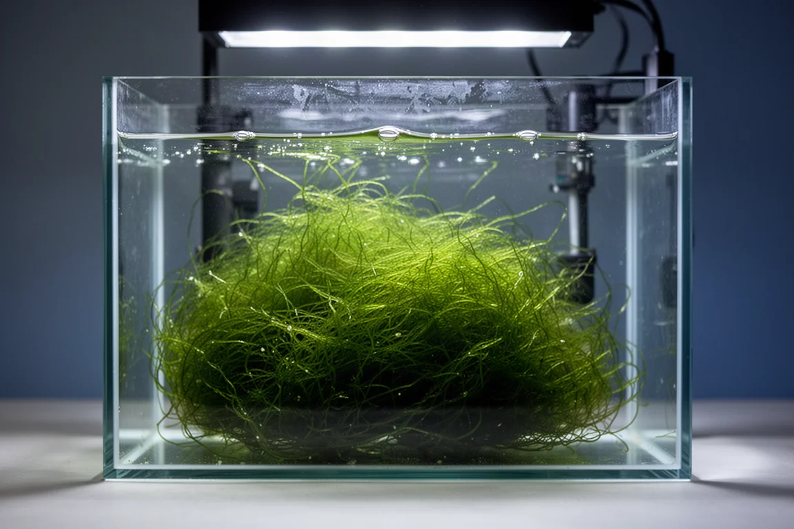 Fitta massa di filamenti di macroalghe verde brillante sospesa in acqua salata limpida all'interno di una camera per acquario
