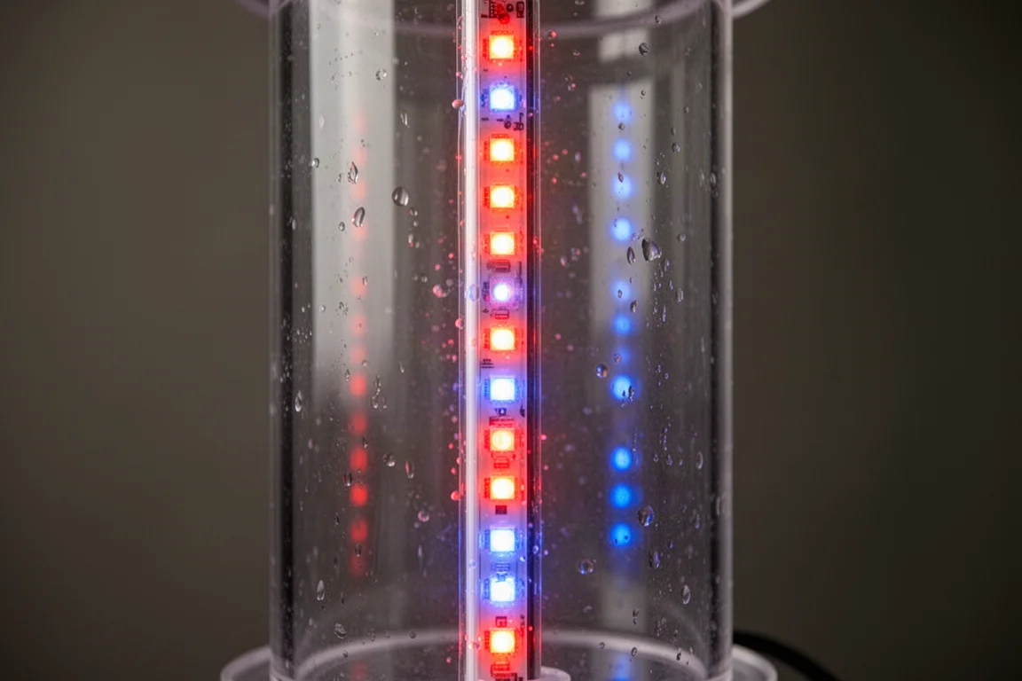 Primo piano di un sottile tubo luminoso che brilla di rosso e blu all'interno di una camera in acrilico trasparente