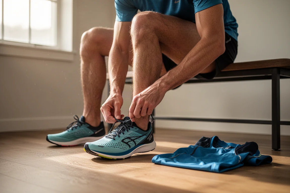 Hardloper die een carbon plate raceschoen strikt voor een vroege ochtendtraining
